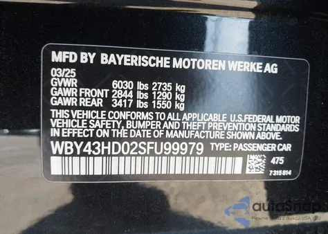 2025 BMW I4 Gran Coupe xDrive40 z USA, uszkodzony, nr VIN WBY43HD02SFU99979